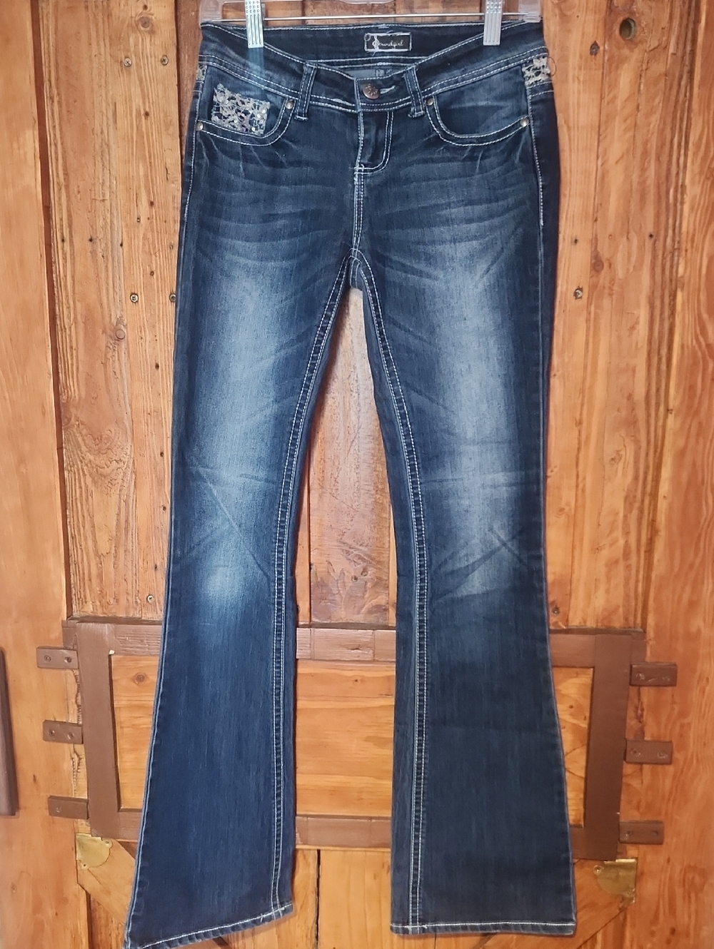 Soundgirl Dark Blue Flare Jeans with Embellished Pockets